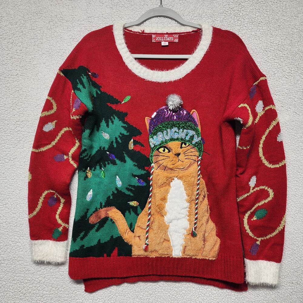 Jollidays Womens Naughty Cat Ugly Christmas Sweater S Long Sleeve Fuzzy Sequin
